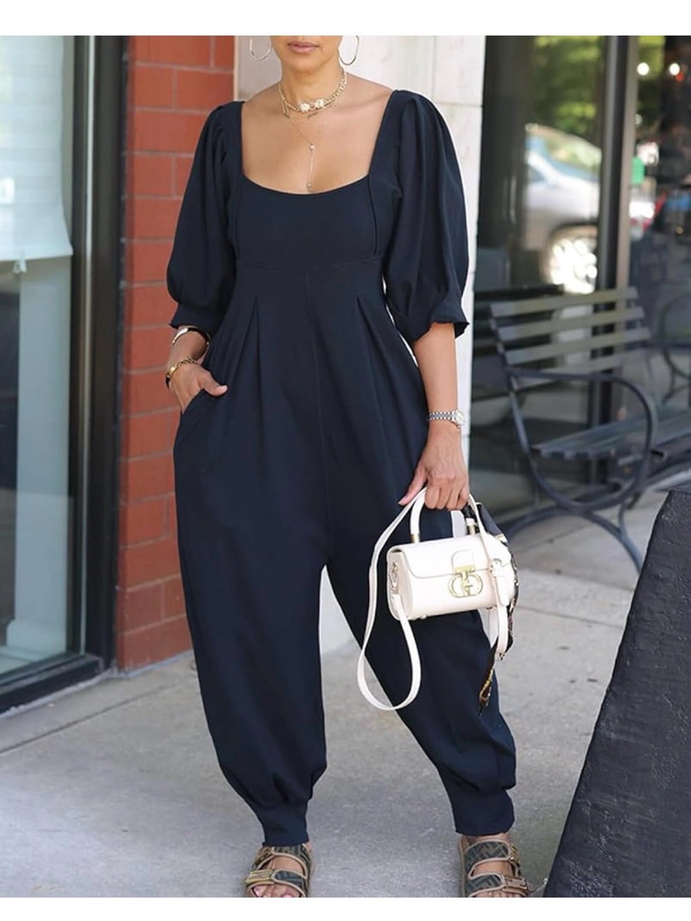 chic Black Square-Neck Jumpsuit with Puff Sleeves